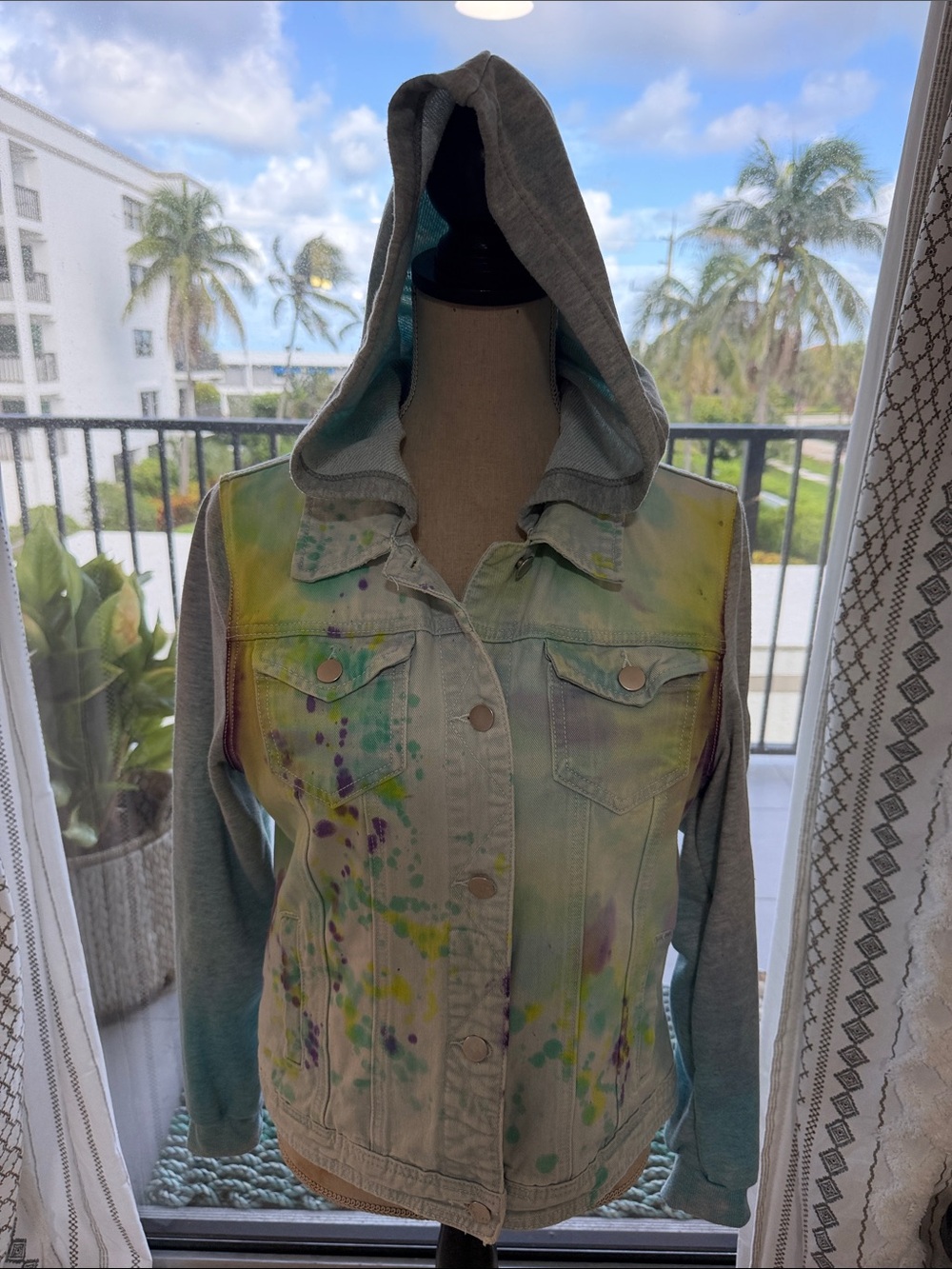 Custom Women's Multicolor Paint-Splash Hooded Denim Jacket